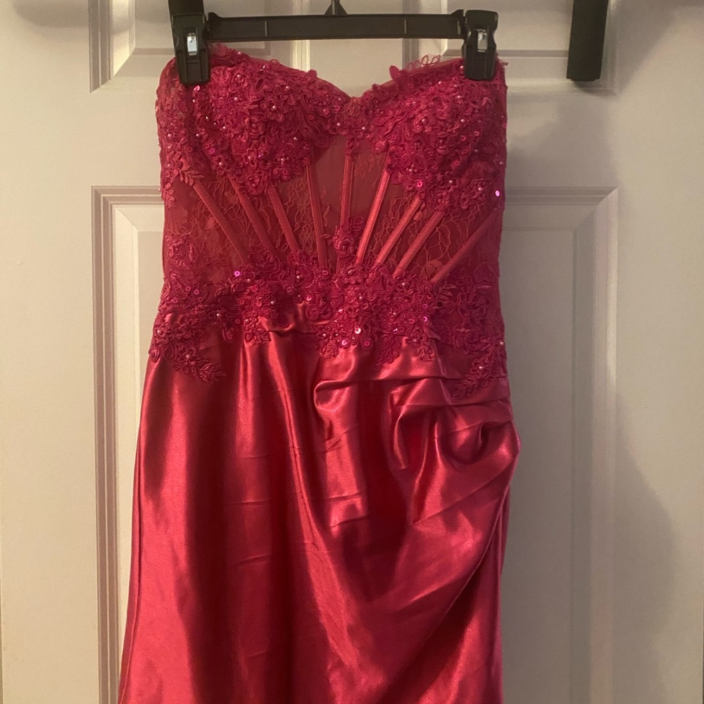 Strapless Red Sequin Lace Satin Gown